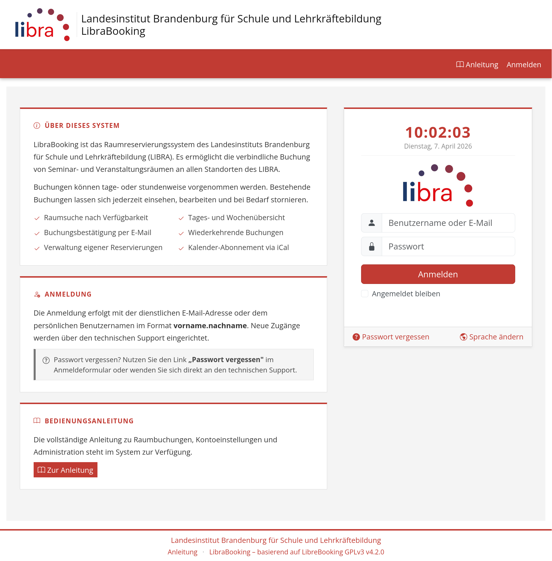 Die Anmeldeseite von LibraBooking