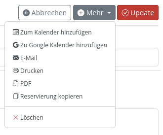 Die drei Schaltflächen (Abbrechen, Mehr, Update) auf der Buchungsdetailseite