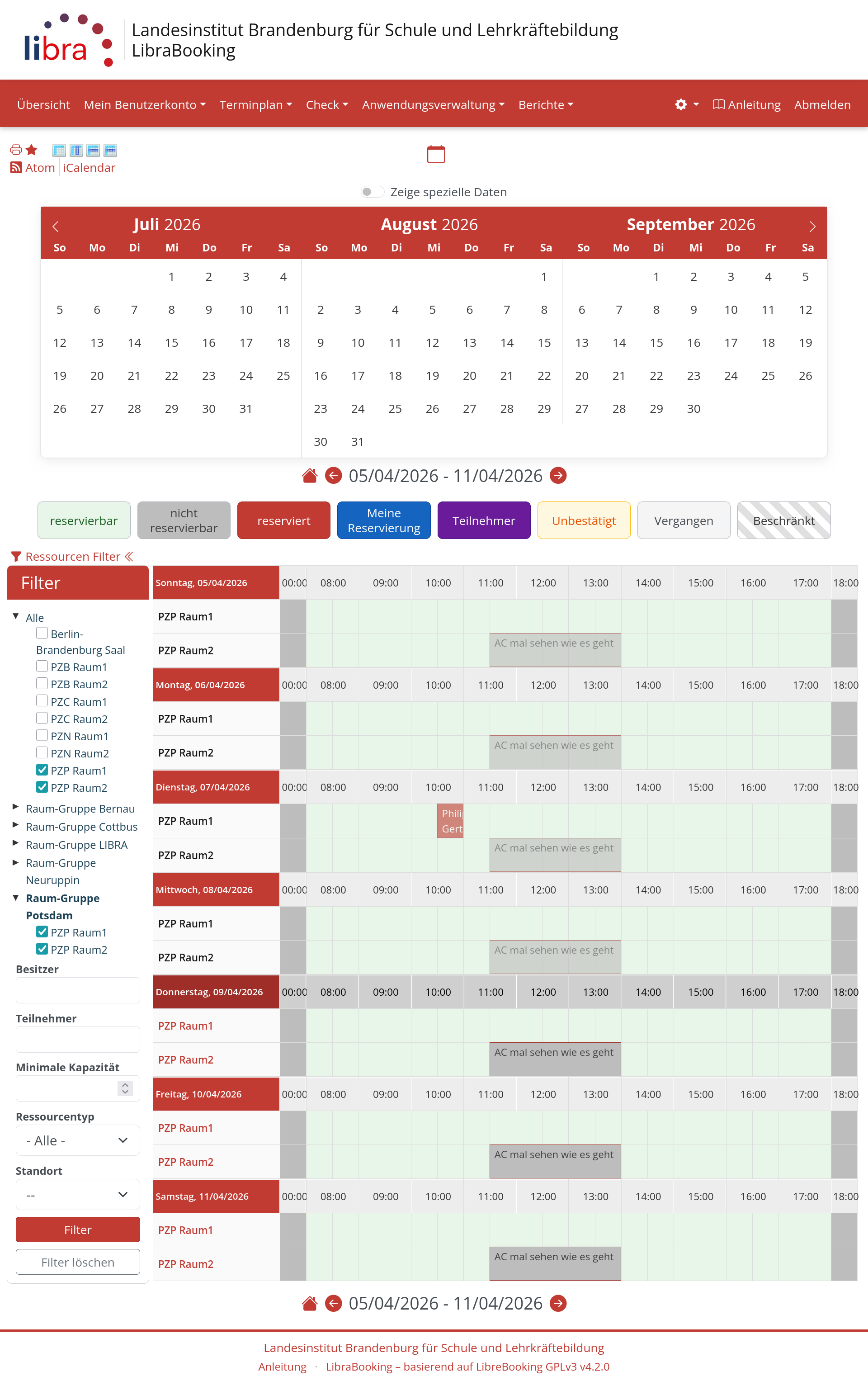 Die Buchungen-Ansicht im Terminplan mit Farbkodierung